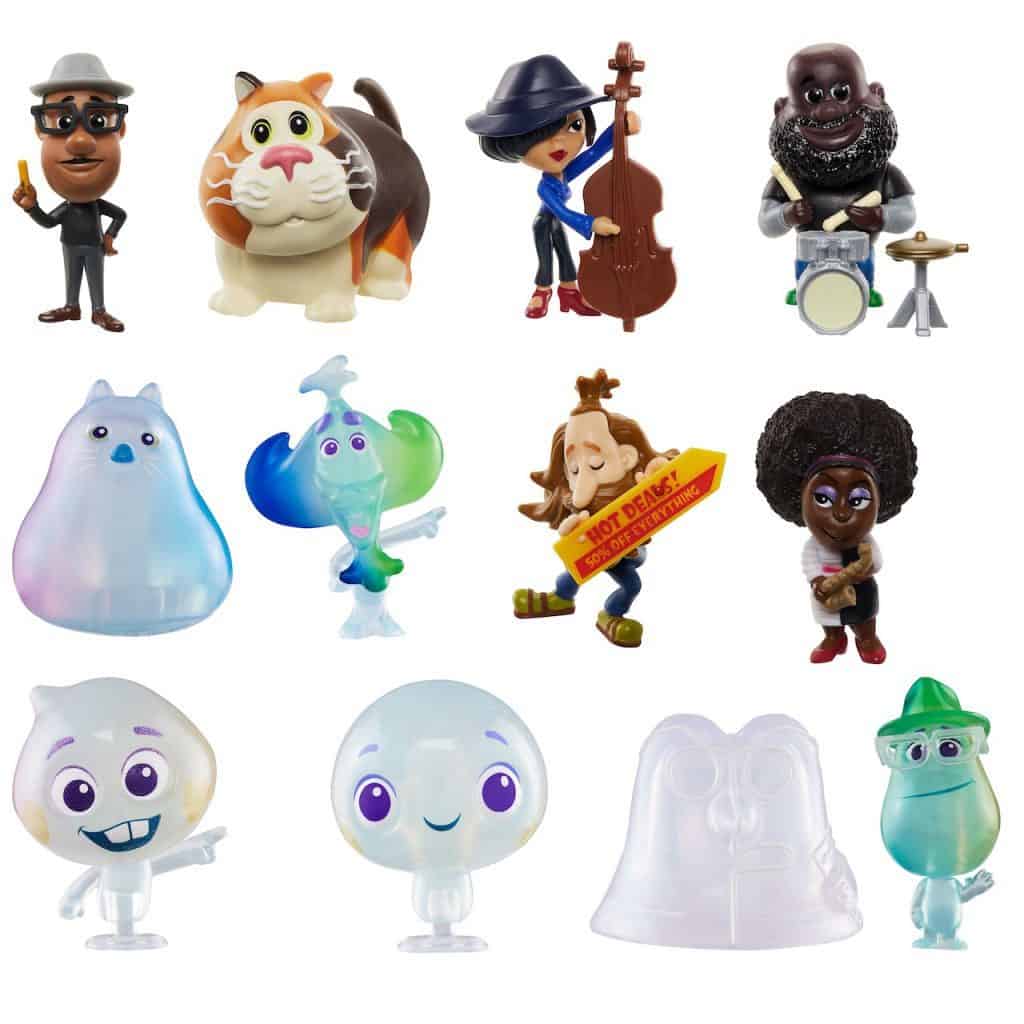 Discover twelve vibrant figurines from Disney Pixar’s "Soul," featuring beloved human, animal, and whimsical abstract characters—perfect for theme park enthusiasts and collectors eager to bring a piece of the movie magic home.