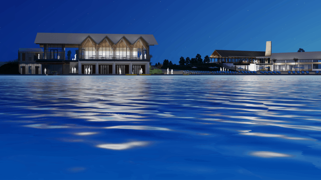 Enchanting lakefront buildings glow at night, their shimmering lights dancing across the calm water at Evermore Orlando Resort, moments from the excitement of Walt Disney World during Summer 2023.
