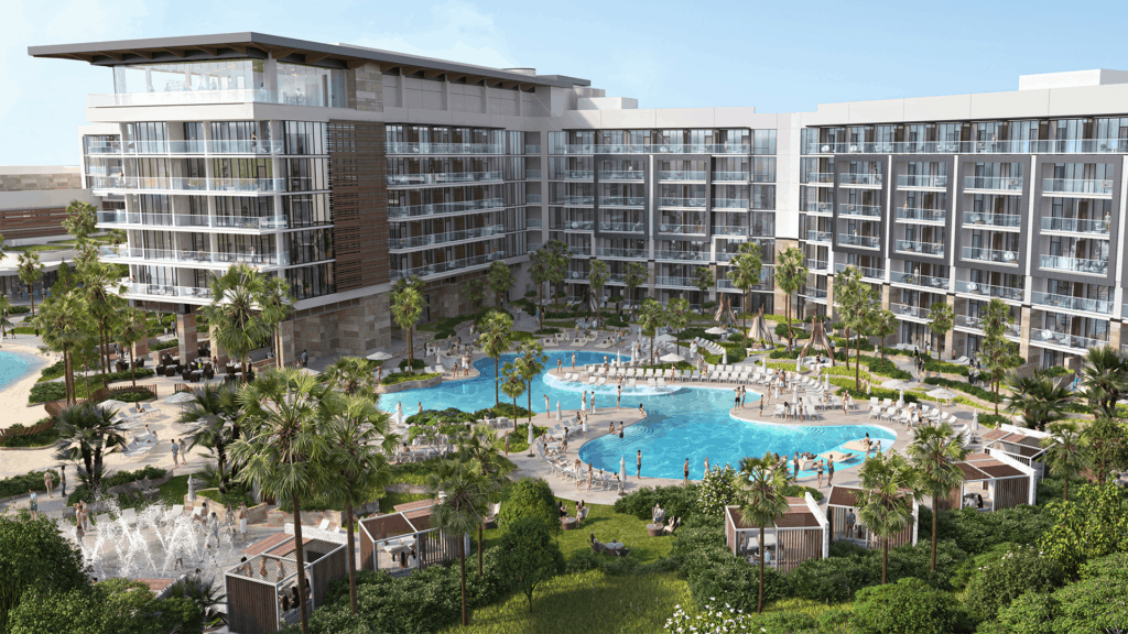 Vibrant Evermore Orlando Resort features expansive pools, palm trees, sun loungers, and lush landscaping under clear blue skies—a luxurious Summer 2023 getaway spot just moments away from the excitement of Walt Disney World.