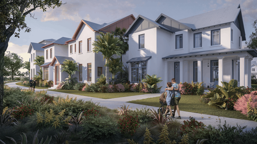 Guests stroll with a stroller along pristine walkways beside sleek white villas and lush gardens at Evermore Orlando Resort, just moments away from the magic of Walt Disney World.