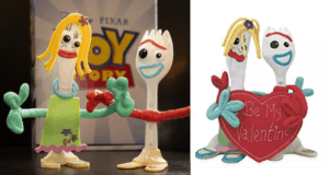 Inspired by the whimsical charm of Forky and Karen Beverly from Toy Story Land, these two handmade spoon characters with playful pipe cleaner arms bring Pixar magic to your Valentine's Day décor—one even holds a red heart reading "Be My Valentine." Perfect for Disney fans looking to celebrate love and friendship with a touch of movie-inspired fun.
