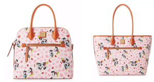 Two pink Dooney & Bourke handbags, adorned with whimsical Mickey and Minnie Mouse designs and classic brown handles, are displayed on a white background—perfect for Disney fans looking to bring a touch of the magic home.