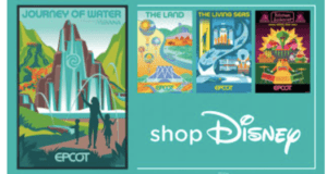 Vibrant EPCOT screen print posters showcase bold silhouettes and iconic park landscapes, each finished with the "shopDisney" logo at the bottom. These collectible lithographs celebrate fan-favorite Epcot attractions in a contemporary style perfect for Disney enthusiasts.