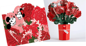 Mickey and Minnie Mouse surrounded by a bouquet of vibrant red roses, displayed in a red vase with a heart-shaped Valentine card attached—a magical floral arrangement inspired by classic Disney romance.