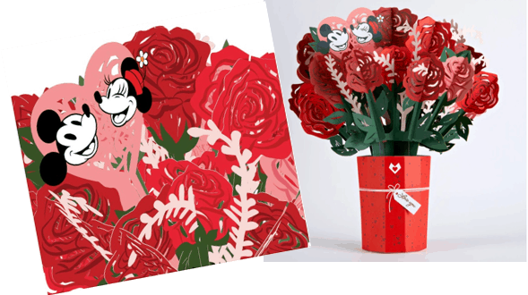 Mickey and Minnie Mouse surrounded by a bouquet of vibrant red roses, displayed in a red vase with a heart-shaped Valentine card attached—a magical floral arrangement inspired by classic Disney romance.