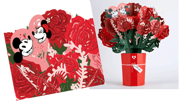 Mickey and Minnie Mouse surrounded by a bouquet of vibrant red roses, displayed in a red vase with a heart-shaped Valentine card attached—a magical floral arrangement inspired by classic Disney romance.