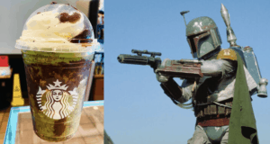 A Starbucks cup topped with whipped cream sits beside Boba Fett in full Mandalorian armor, aiming his blaster as if guarding his beloved Starbucks Secret Menu creation—the legendary Boba Fett Frappuccino—ready for action in a scene straight out of Star Wars Galaxy’s Edge.