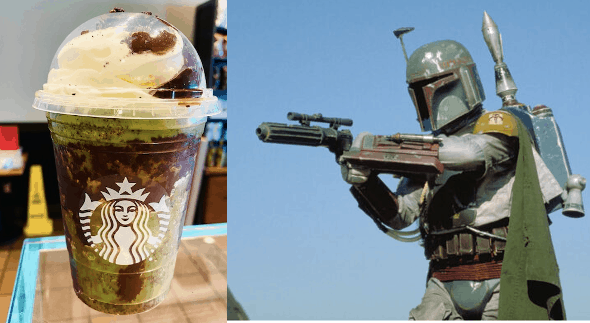 A Starbucks cup topped with whipped cream sits beside Boba Fett in full Mandalorian armor, aiming his blaster as if guarding his beloved Starbucks Secret Menu creation—the legendary Boba Fett Frappuccino—ready for action in a scene straight out of Star Wars Galaxy’s Edge.