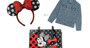 Join the National Polka Dot Day festivities at Disney Parks on January 22nd with sparkling Minnie Mouse ears, a trendy denim jacket showcasing whimsical Minnie prints, and a stylish Minnie Mouse tote bag featuring bold red and black details.