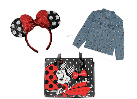 Join the National Polka Dot Day festivities at Disney Parks on January 22nd with sparkling Minnie Mouse ears, a trendy denim jacket showcasing whimsical Minnie prints, and a stylish Minnie Mouse tote bag featuring bold red and black details.