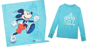 RunDisney blue shirts showcase Mickey Mouse sprinting past a whimsical castle, highlighted with the runDisney logo in crisp white and sunny yellow—an enchanting addition for Disney Parks fans eager to show off their love for magic and marathon fun.