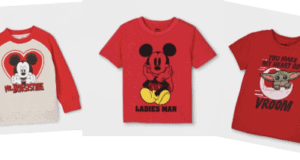 Three vibrant red children’s shirts featuring beloved Disney and Star Wars icons: Mickey Mouse with a heart to celebrate magical moments, classic Mickey Mouse enjoying park adventures, and Baby Yoda with “Vroom” text—a fun choice for Disney park visits, Valentine’s Day, or every day at home.
