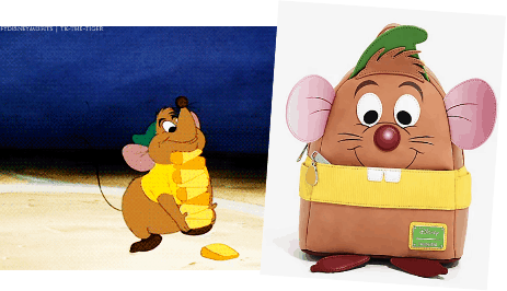 Gus Gus from Cinderella eagerly stacks cheese next to a Cinderella Loungefly Backpack featuring his signature big ears and green hat, perfect for Disney fans at the parks.