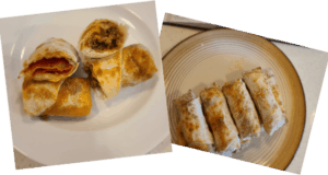 Two plates filled with golden, crispy spring rolls, some sliced to showcase their tempting savory and sweet fillings—just like the iconic snacks you’d enjoy at Magic Kingdom, now ready to bring a taste of Disney magic into your home.