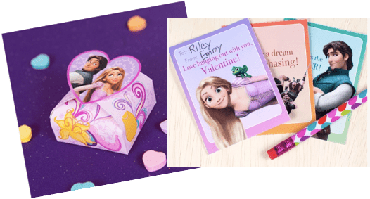 Rapunzel-themed purple heart-shaped treat box and Tangled Valentine's Day cards with a pencil, perfect for Disney fans, displayed on a light surface.