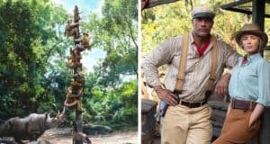 Left: Guests scale a Jungle Cruise pole to evade a charging rhino animatronic; right: Jungle Cruise skippers in classic safari attire pose together, capturing the adventurous spirit of Disney’s 2021 film.