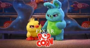 Ducky and Bunny, the vibrant plush characters from Toy Story, pose together beneath the playful Pixar Popcorn logo, teasing fans with a bite-sized adventure that captures Disney+ magic and that theme park spirit of fun-filled entertainment.
