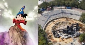 Sorcerer Mickey stands on the left, while on the right, Fantasmic’s iconic amphitheater at Disney’s Hollywood Studios sits empty and circular as it undergoes an exciting transformation.