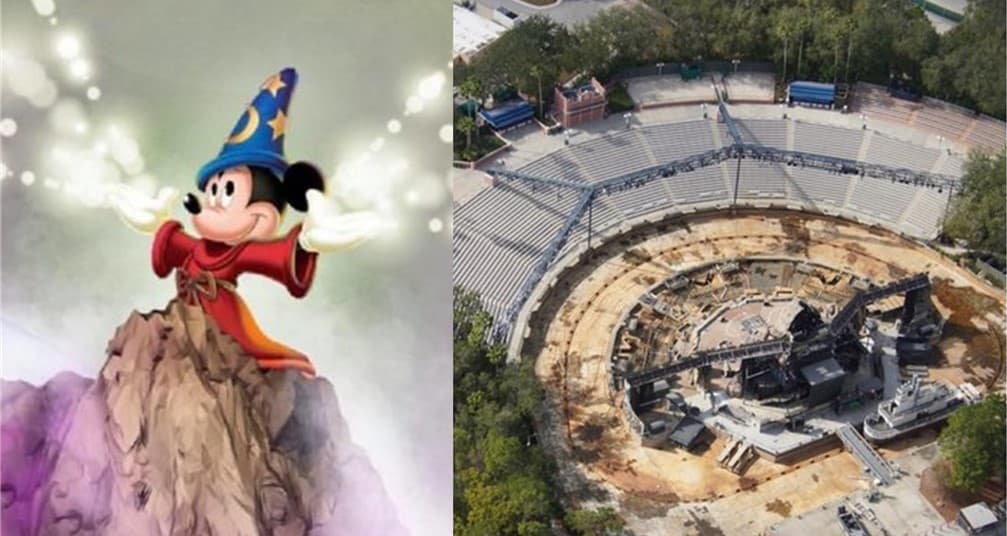 Sorcerer Mickey stands on the left, while on the right, Fantasmic’s iconic amphitheater at Disney’s Hollywood Studios sits empty and circular as it undergoes an exciting transformation.