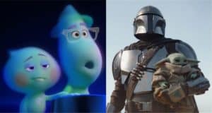 On the left, Joe Gardner and 22 from Pixar’s "Soul" appear as glowing blue souls, while on the right, The Mandalorian cradles Grogu from Disney+’s "The Mandalorian," capturing beloved characters from top Disney streaming hits.