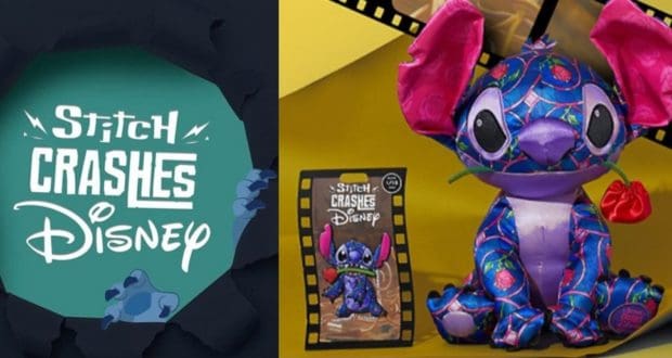Plush Stitch decorated with a rose and Lady and the Tramp-inspired pattern is displayed alongside the Stitch Crashes Disney logo and collectible card, offering Disney Parks visitors an exclusive collectible celebrating the beloved crossover series.