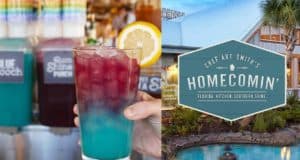 The dazzling blue and purple Purple Lamborghini Moonshine cocktail, topped with a lemon slice, is ready to be enjoyed in front of Chef Art Smith's Homecomin’ at Disney Springs.