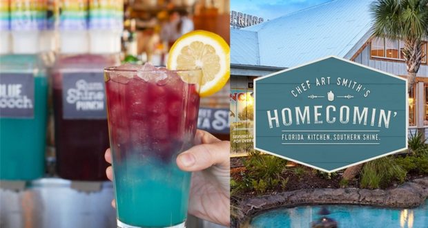 The dazzling blue and purple Purple Lamborghini Moonshine cocktail, topped with a lemon slice, is ready to be enjoyed in front of Chef Art Smith's Homecomin’ at Disney Springs.
