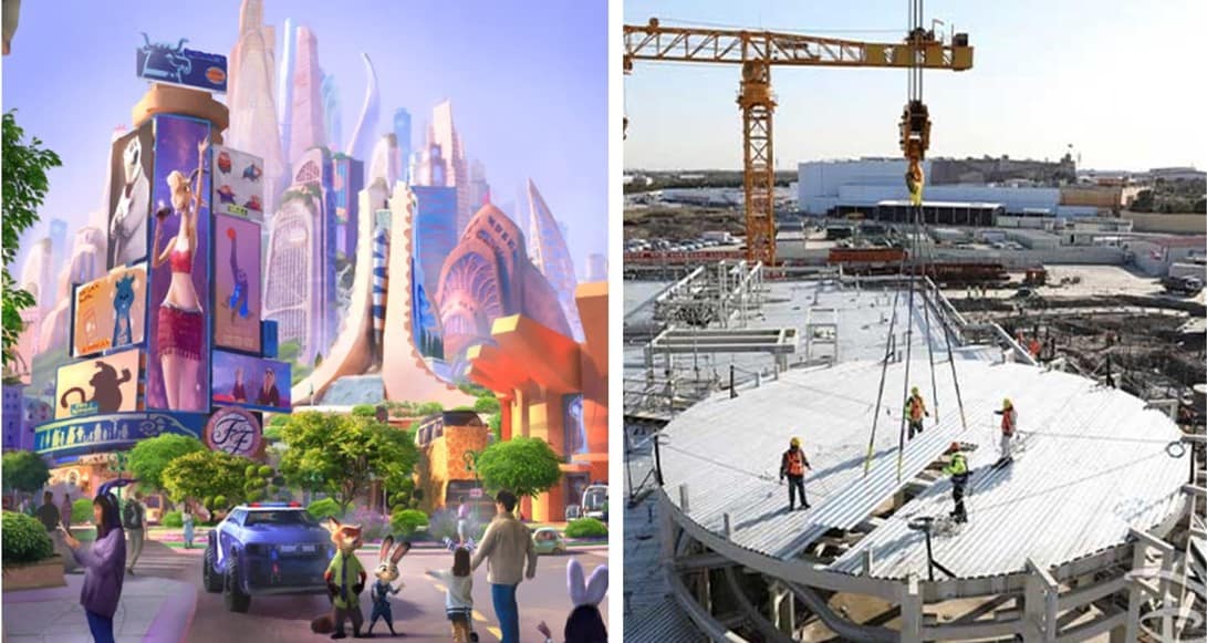 Left: Vibrant Zootopia-inspired cityscape bustling with animated animal residents; right: Construction crews and a towering crane assembling a major new attraction in Shanghai Disneyland’s highly anticipated Zootopia-themed land.