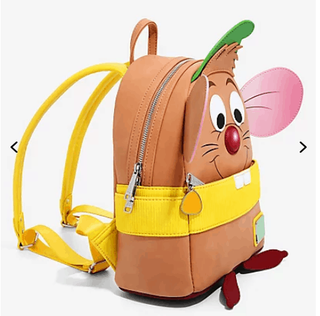 Gus Gus from Cinderella comes to life as a Loungefly backpack, featuring whimsical tan and yellow mouse details, signature pink ears, a playful green cap, and bright red nose—perfectly styled for your next Disney Parks adventure.