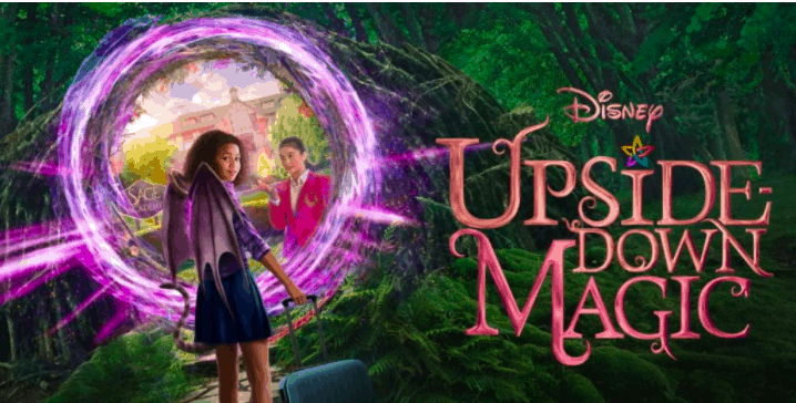 A young guest with a suitcase stands beside a glowing portal set in an enchanted forest, as the sign "Disney Upside-Down Magic" transports viewers into the whimsical world of Disney+—capturing the excitement and imagination you’d find at a Disney Parks magical adventure zone.