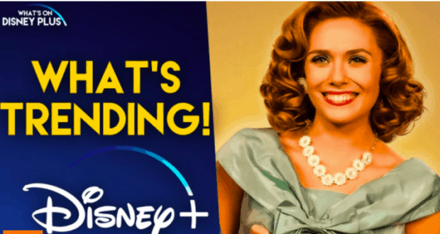A Disney fan in a retro-inspired outfit beams next to a vibrant “What’s Trending!” headline and Disney+ logo, set against cheerful yellow and blue, spotlighting the buzzworthy favorites on Disney+ like WandaVision for guests who love both parks and streaming magic.