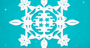 Intricately cut white paper snowflake featuring star and leaf designs, set against a vibrant turquoise backdrop sprinkled with tiny white stars—evoking the dazzling, magical atmosphere of a winter-themed parade or holiday event at your favorite theme park.