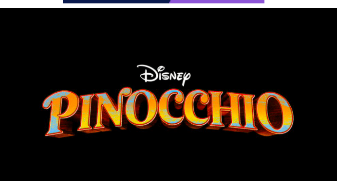 Disney+ Pinocchio logo displayed with vibrant, playful letters on a sleek black backdrop, capturing the enchanting spirit of the beloved Disney tale as featured in live entertainment starring Luke Evans.
