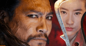 A striking figure with a scarred face gazes forward, while the reflection of a woman’s face glimmers in the blade of a sword nearby—channeling the cinematic drama and captivating energy reminiscent of Jason Scott Lee’s roles that keep fans enthralled at Disney Parks live shows.