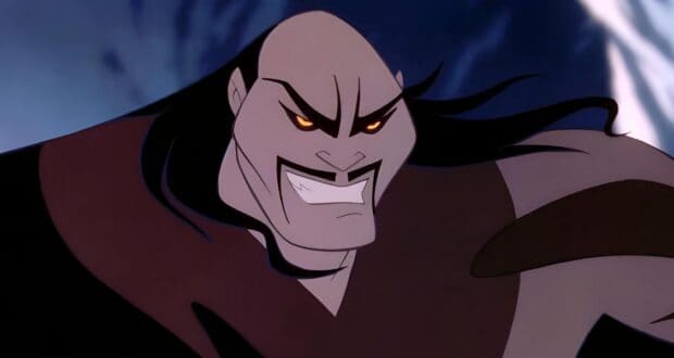 Animated character with fierce expression, long black hair, and arched eyebrows. Wearing dark clothing, they appear intense and are set against a dramatic background with swirling dark and light patterns.