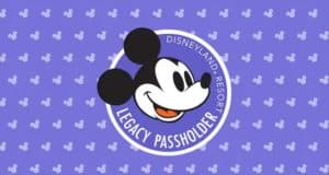 Mickey Mouse face with "Disneyland Resort Legacy Passholder" text on a vibrant purple background featuring scattered Mickey icons, highlighting membership in the exclusive Disney Legacy Passholders Program.