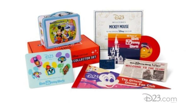 The Disney D23 Collector Set showcases iconic memorabilia including a lunchbox, certificate, record, vintage-style newspaper, pennant, collector cards, and themed box—an exclusive keepsake for park enthusiasts ready to join the D23 community and relive magical Disney entertainment history.