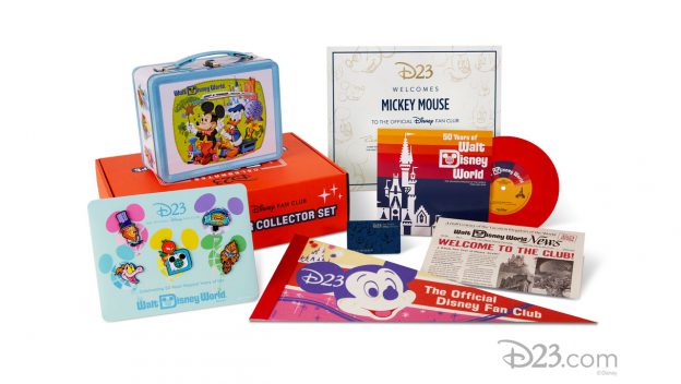 The Disney D23 Collector Set showcases iconic memorabilia including a lunchbox, certificate, record, vintage-style newspaper, pennant, collector cards, and themed box—an exclusive keepsake for park enthusiasts ready to join the D23 community and relive magical Disney entertainment history.
