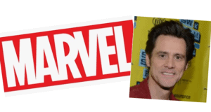 Marvel logo with Jim Carrey grinning in a vibrant red shirt against a bold yellow backdrop, radiating fun superhero vibes like you’d see at a Marvel attraction in an entertainment park.