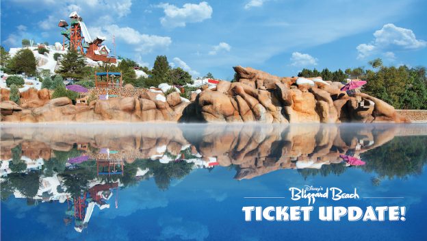 Blizzard Beach water park featuring thrilling slides, rugged rocky hills, lush trees, and a bright blue sky mirrored in the tranquil water. On-screen text announces: "Ticket Update! Discover the latest Blizzard Beach tickets and Disney ticket options for your next adventure.