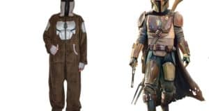 The Mandalorian greets fans in a cozy Bounty Hunter Onesie, posing next to vibrant artwork showcasing the iconic armored character from the Star Wars universe.