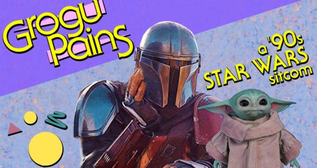 The Mandalorian and Grogu bring a burst of ’90s Sitcom nostalgia to your theme park experience, showcased in a lively, colorful design with playful graphics and eye-catching "Grogu Pains" text—perfect for Star Wars fans enjoying the entertainment magic.