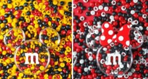 Mickey and Minnie Mouse-shaped trays, brimming with themed M&Ms, sit atop vibrant yellow and red candy backgrounds for a whimsical tribute to the M&M’S Store at Disney Springs—bringing that signature Disney magic and excitement of opening day to every fan’s sweet adventure.