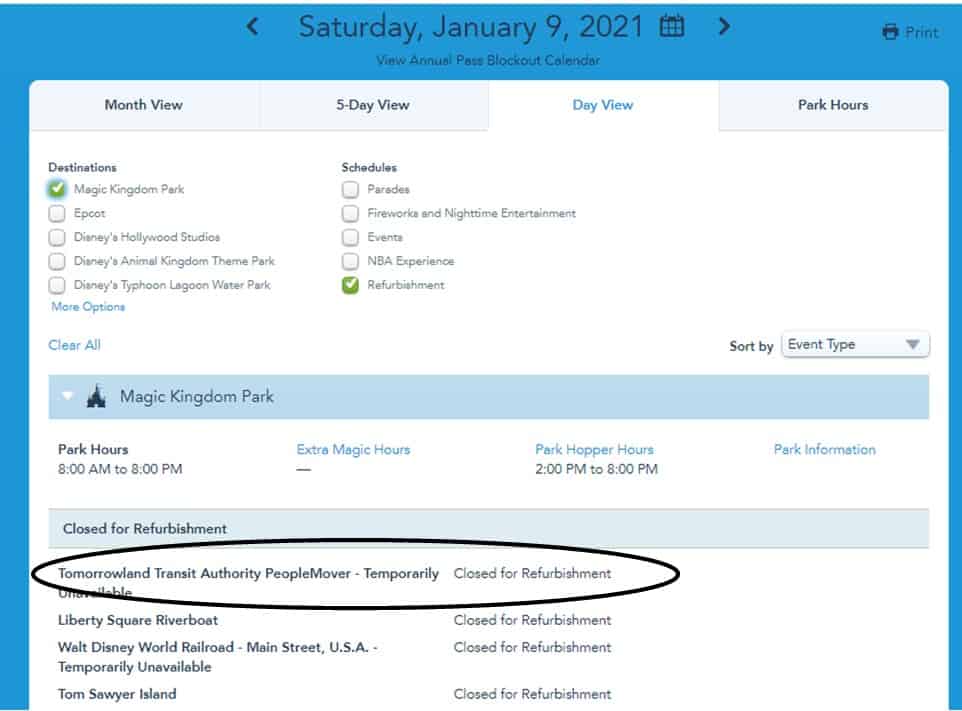 The Disney Tomorrowland PeopleMover is listed as temporarily closed for refurbishment starting January 9, 2021, with fans still awaiting news of its official reopening date.