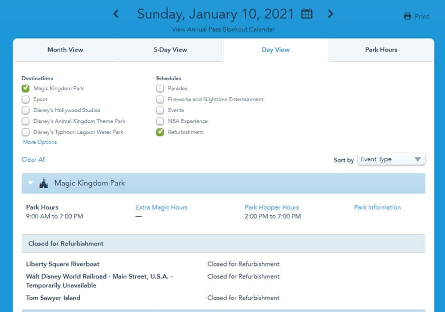 Magic Kingdom Park’s January 10, 2021 schedule displays park hours alongside refurbishment details, specifically highlighting the ongoing work on the iconic Disney Tomorrowland PeopleMover and sharing guest-focused updates on its expected reopening as one of Magic Kingdom’s must-ride attractions.