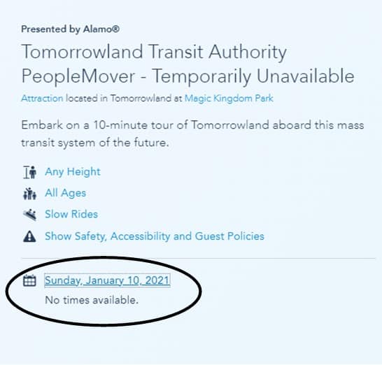 Sign displayed at Walt Disney World's Magic Kingdom indicates the Tomorrowland Transit Authority PeopleMover is currently closed, with no return times available. Guests are encouraged to check back for updates on when the Tomorrowland PeopleMover will be back in operation.