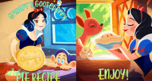 Snow White and Grumpy, joined by their adorable animal friends, whip up a classic Gooseberry Pie in an enchanting scene from Disneyland, with "Grumpy's Gooseberry Pie Recipe" displayed on the image.