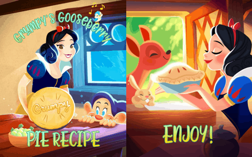 Snow White and Grumpy, joined by their adorable animal friends, whip up a classic Gooseberry Pie in an enchanting scene from Disneyland, with "Grumpy's Gooseberry Pie Recipe" displayed on the image.