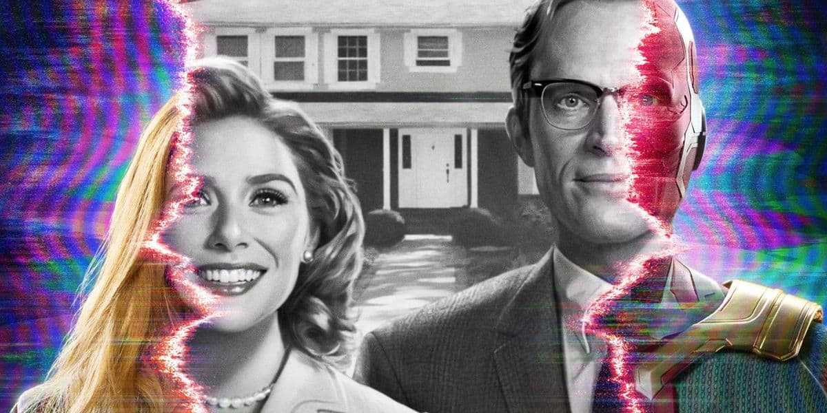 Wanda and Vision, styled after their Marvel Studios series WandaVision, appear separated by a glitch effect reminiscent of the show's signature surreal visuals, with their suburban home from the series in the background.
