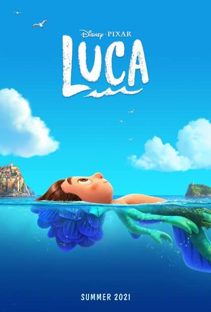 Luca effortlessly floats on the water’s surface, his transformation revealing a sea creature body underneath in this enchanting scene from Disney Pixar’s Luca. Text below promotes: "Luca, Summer 2021, Disney Pixar.